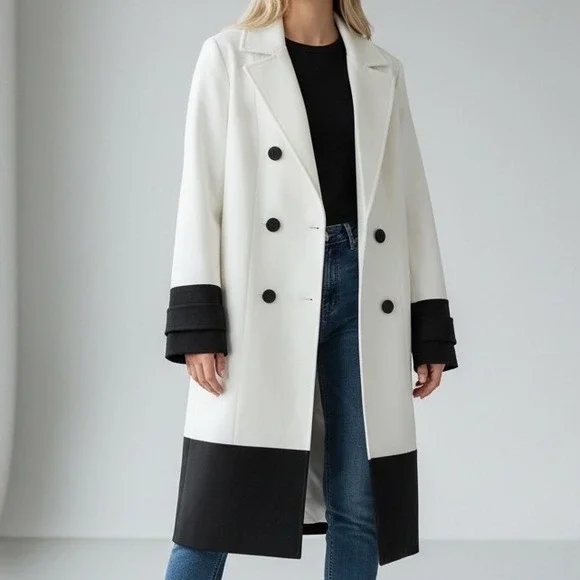 White House Black Market WHBM Trench Coat Blazer White Black XS classy preppy - Picture 1 of 10